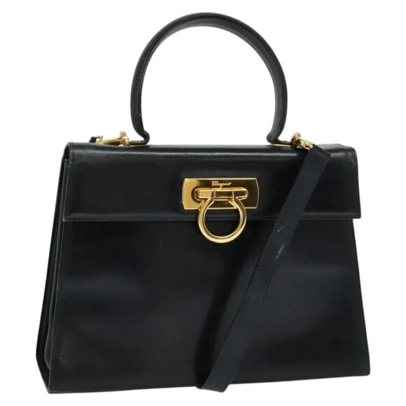 Salvatore Ferragamo Gancini Hand Bag Leather 2way Black Gold Auth MX285